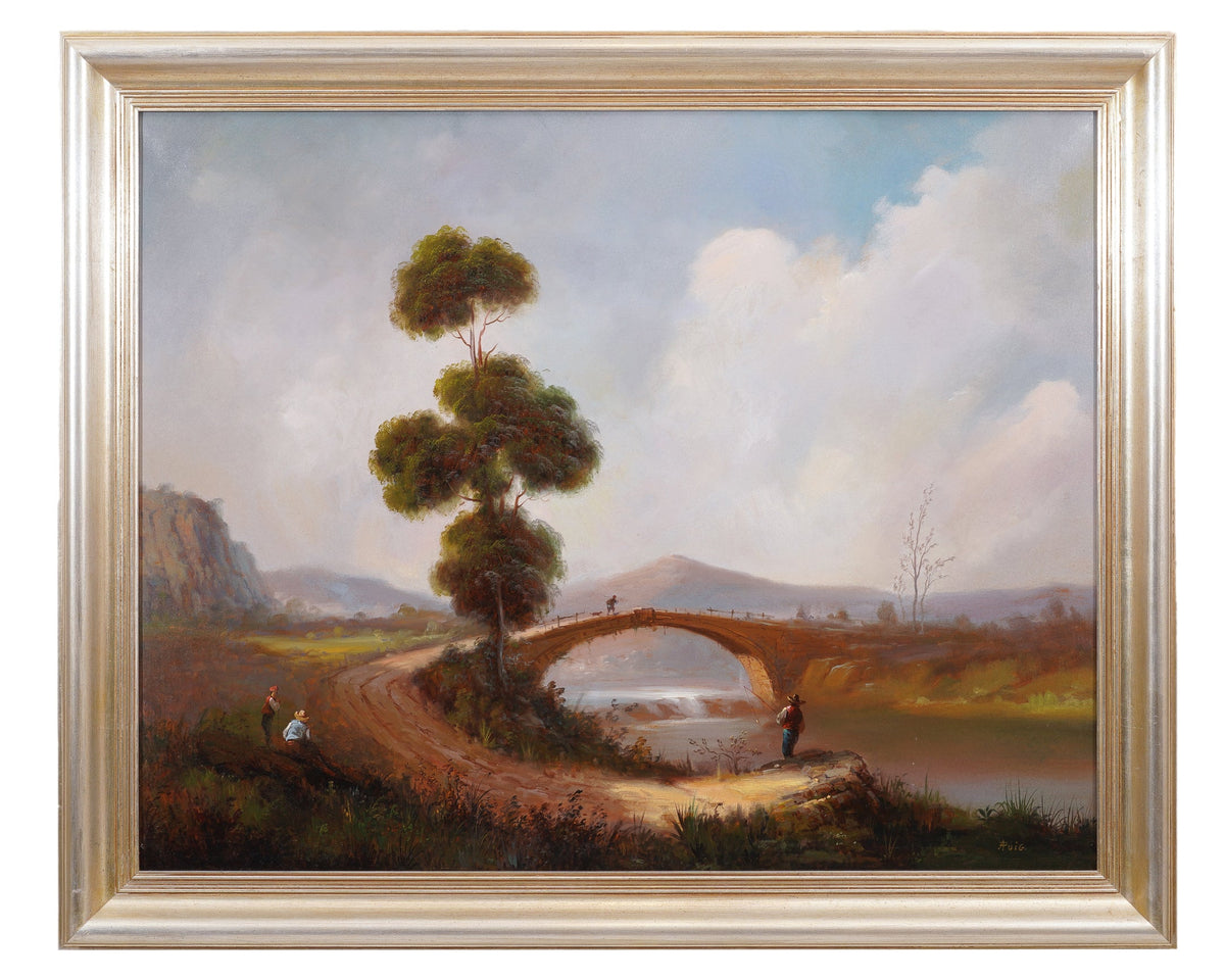 Framed, oil on canvas, idyllic summer landscape, 1800's
