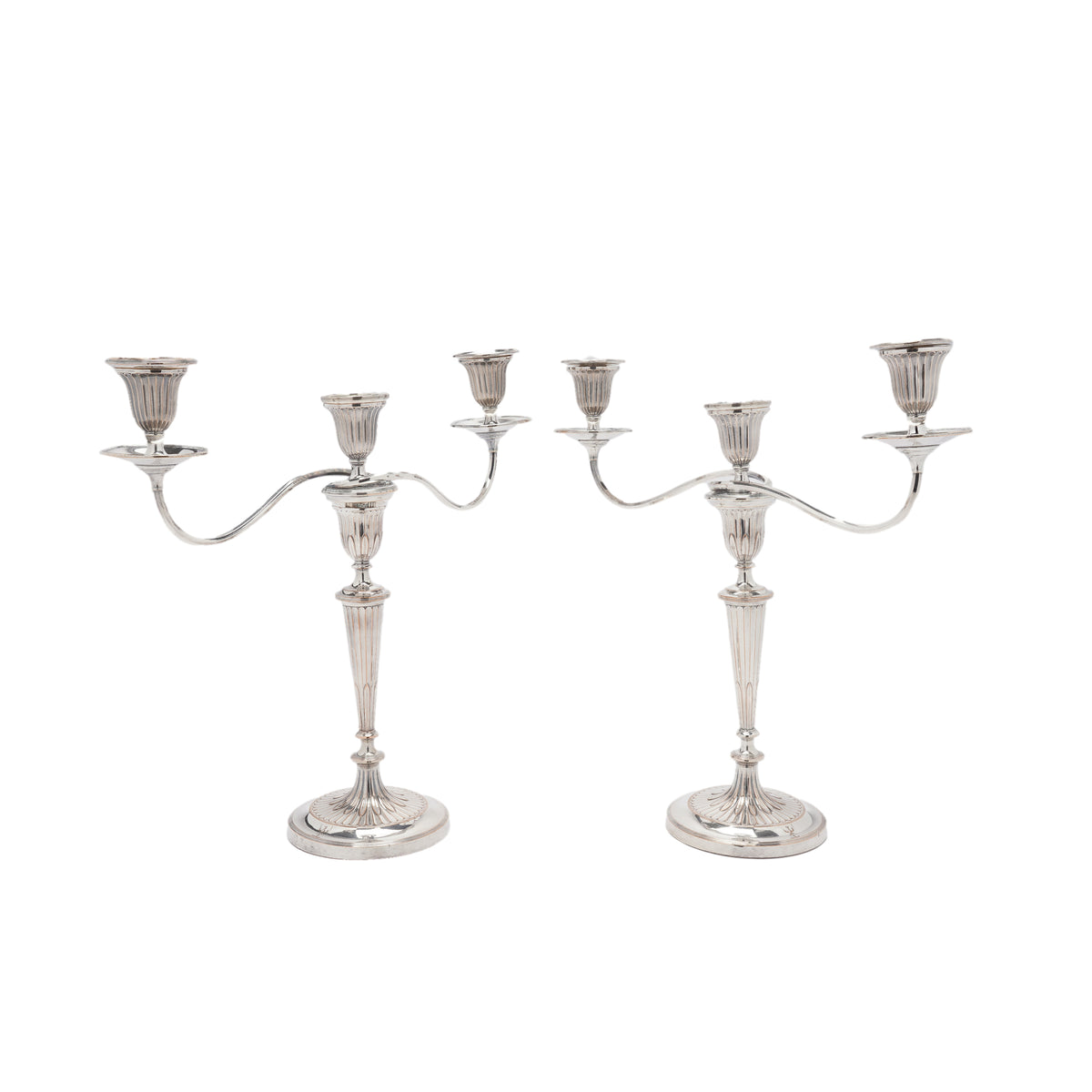 Pair of George III Old Sheffield Plate three-light candelabra, circa 1780-90