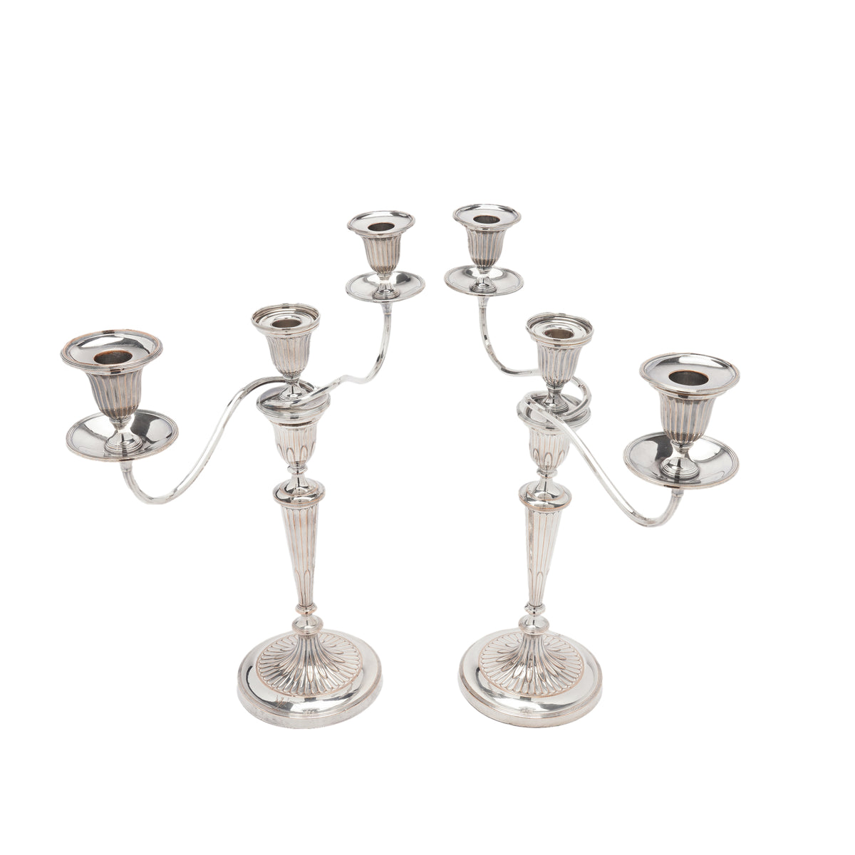 Pair of George III Old Sheffield Plate three-light candelabra, circa 1780-90