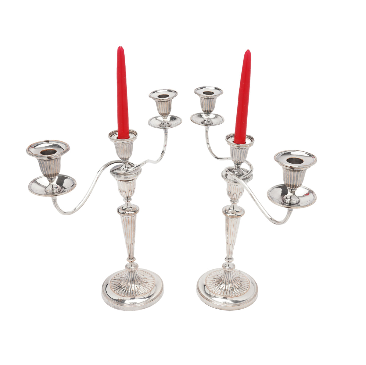 Pair of George III Old Sheffield Plate three-light candelabra, circa 1780-90