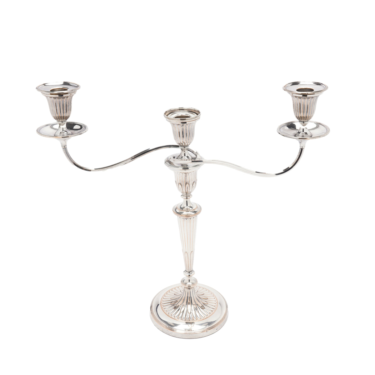Pair of George III Old Sheffield Plate three-light candelabra, circa 1780-90