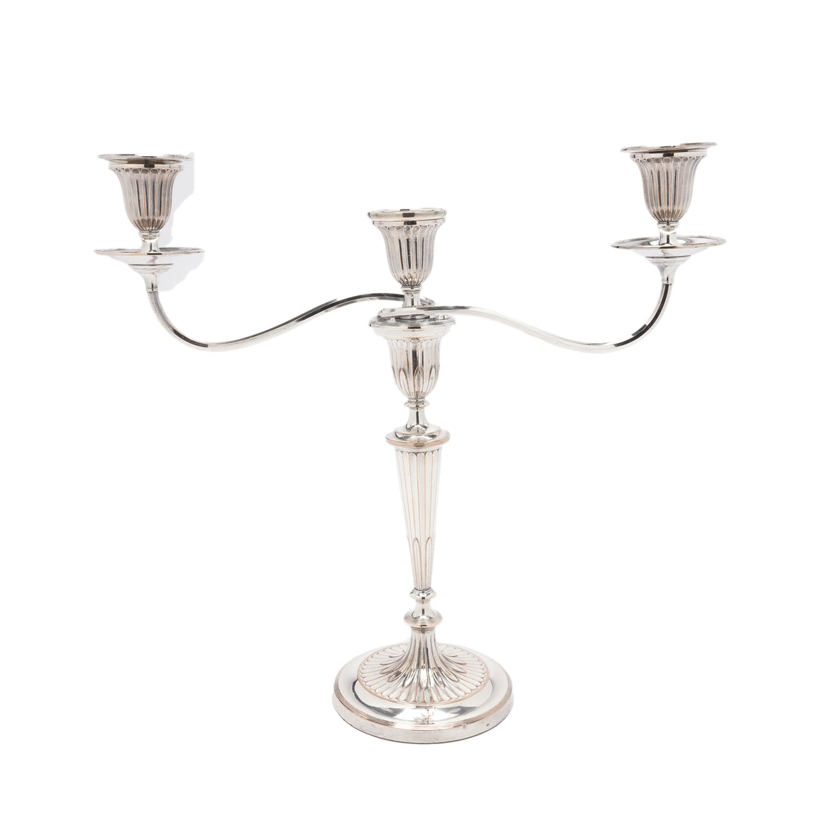 Pair of George III Old Sheffield Plate three-light candelabra, circa 1780-90