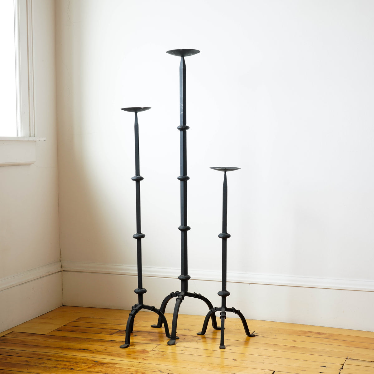 Set of 3 Vintage Forged Iron Floor Candlesticks In the Spanish Revival Style