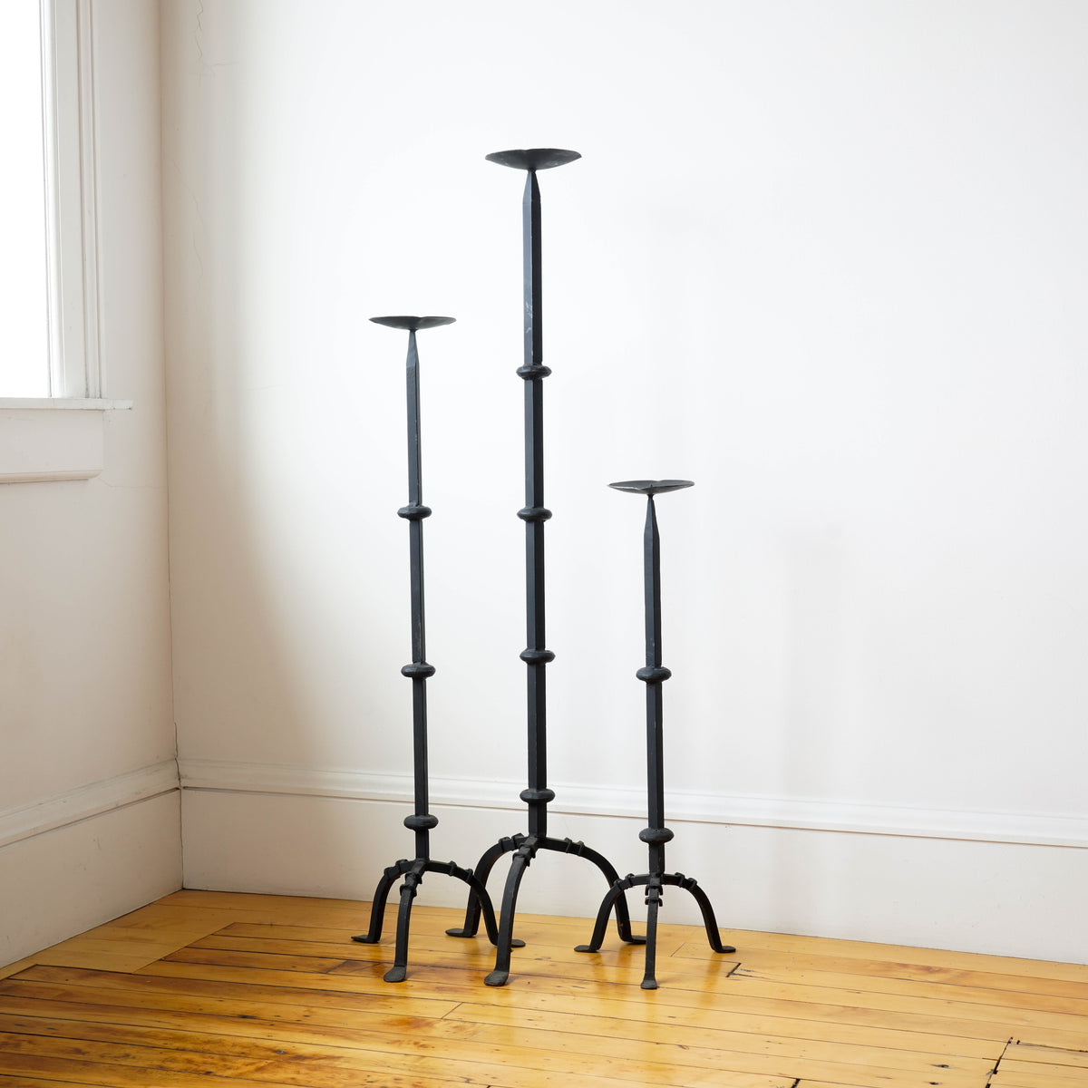 Set of 3 Vintage Forged Iron Floor Candlesticks In the Spanish Revival Style